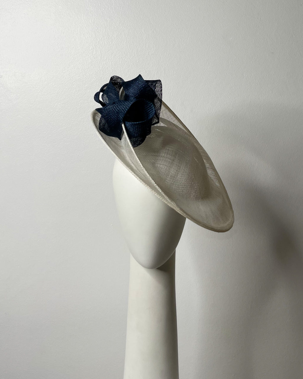 NEVER LET ME GO double white sinamay brim with navy bows