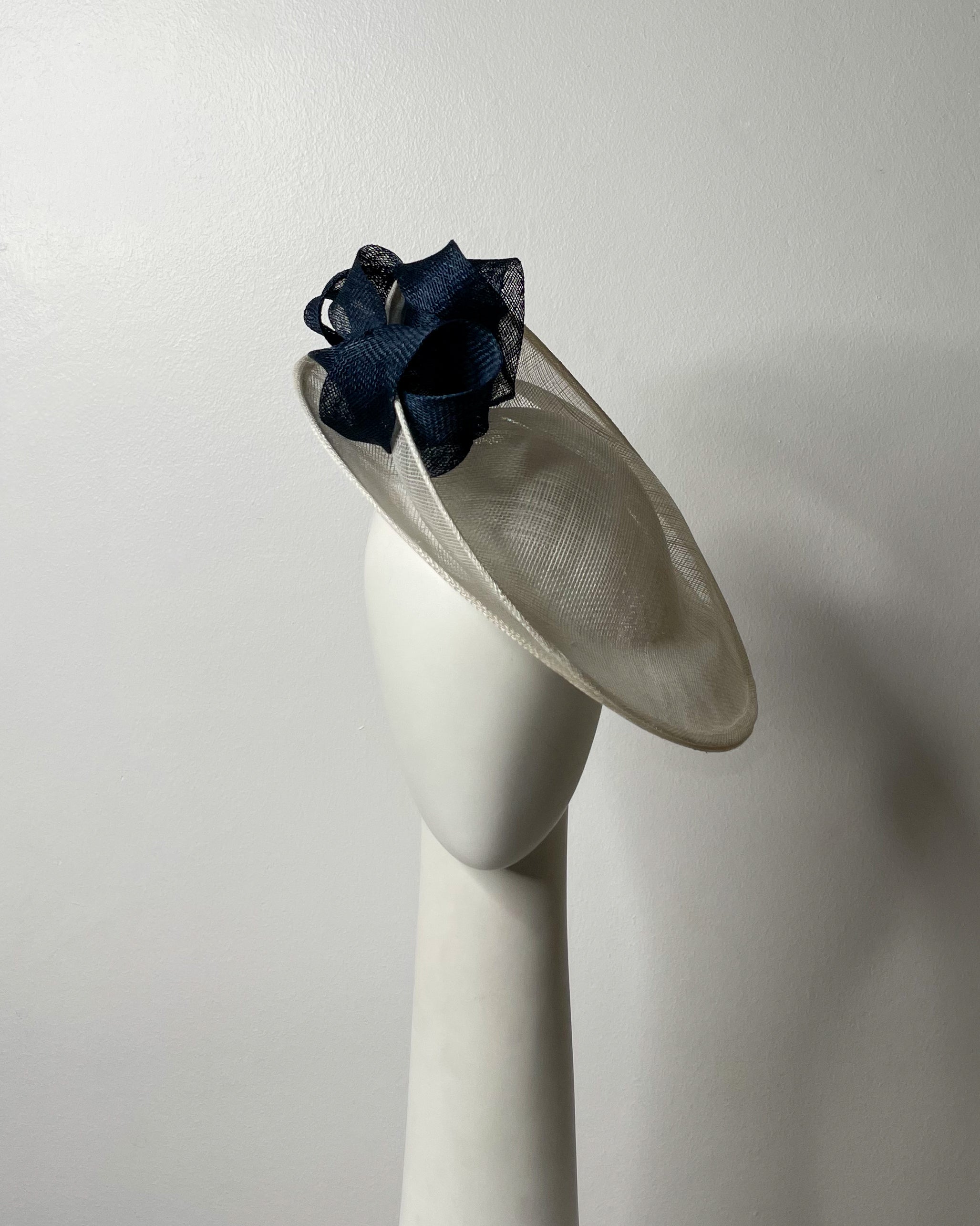 NEVER LET ME GO double white sinamay brim with navy bows