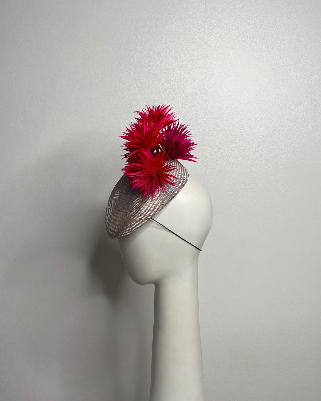 UNDER THE TUSCAN SUN Grey / lilac straw base with magenta and fuchsia feathers