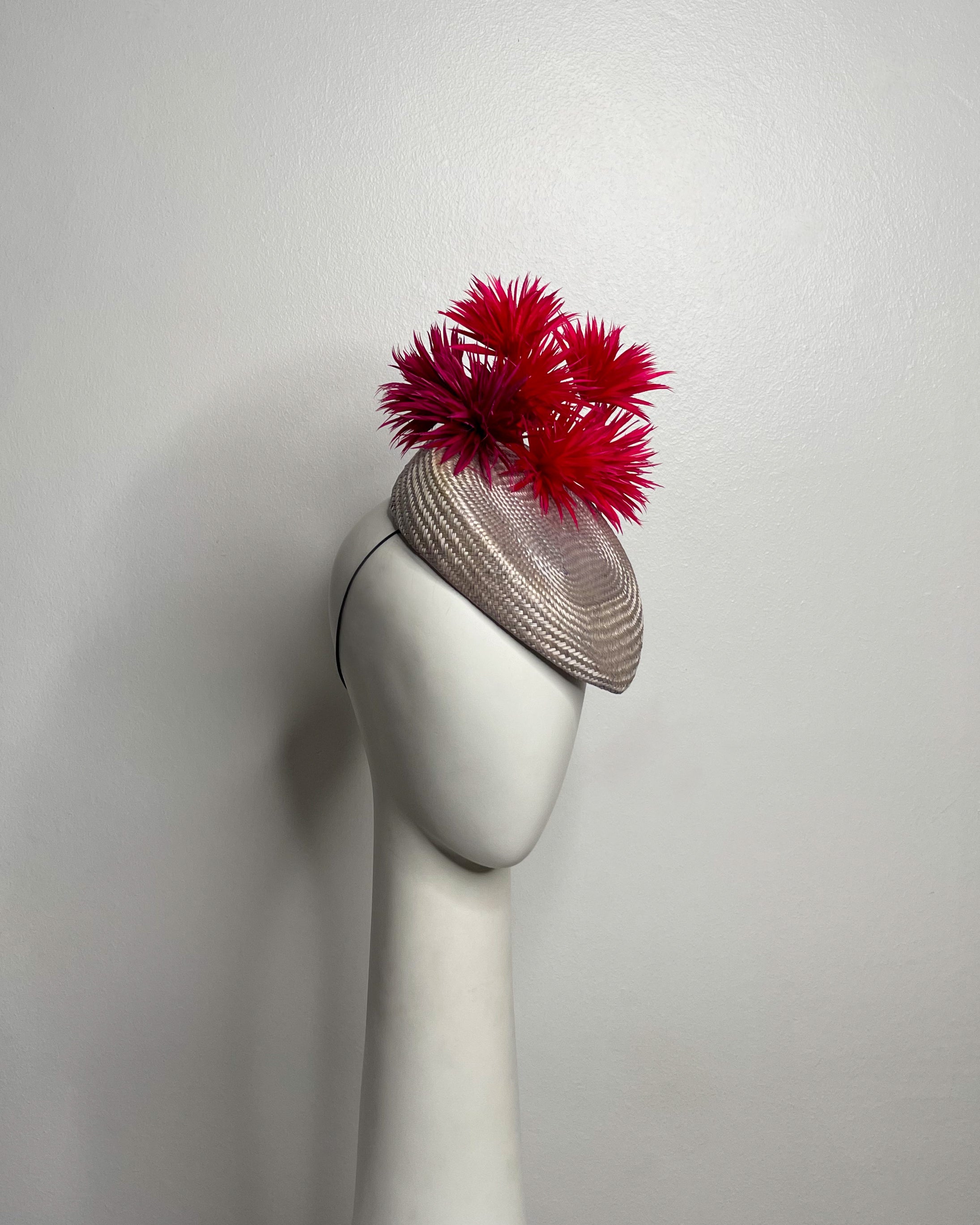 UNDER THE TUSCAN SUN Grey / lilac straw base with magenta and fuchsia feathers
